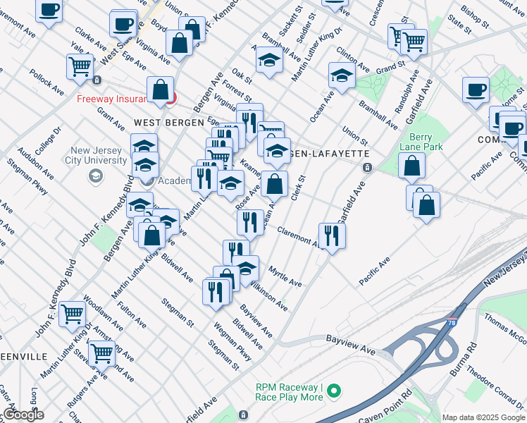 map of restaurants, bars, coffee shops, grocery stores, and more near 645 Ocean Avenue in Jersey City