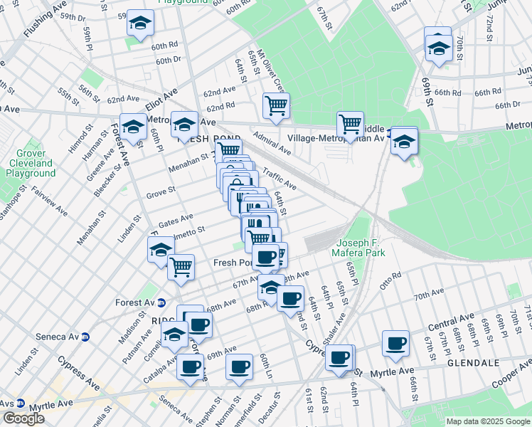 map of restaurants, bars, coffee shops, grocery stores, and more near 61-30 Palmetto Street in Queens