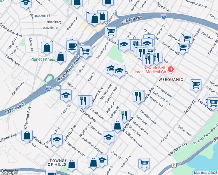 map of restaurants, bars, coffee shops, grocery stores, and more near 20 Bayview Avenue in Newark