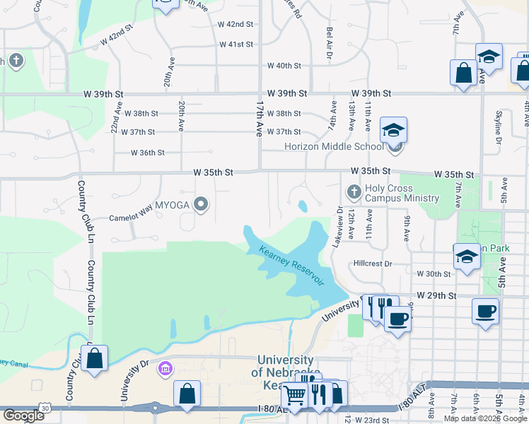 map of restaurants, bars, coffee shops, grocery stores, and more near 3300-3404 17th Avenue Place in Kearney