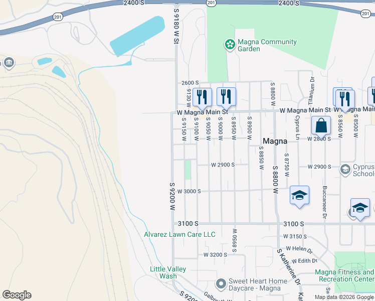 map of restaurants, bars, coffee shops, grocery stores, and more near 2843 South 9150 West in Magna