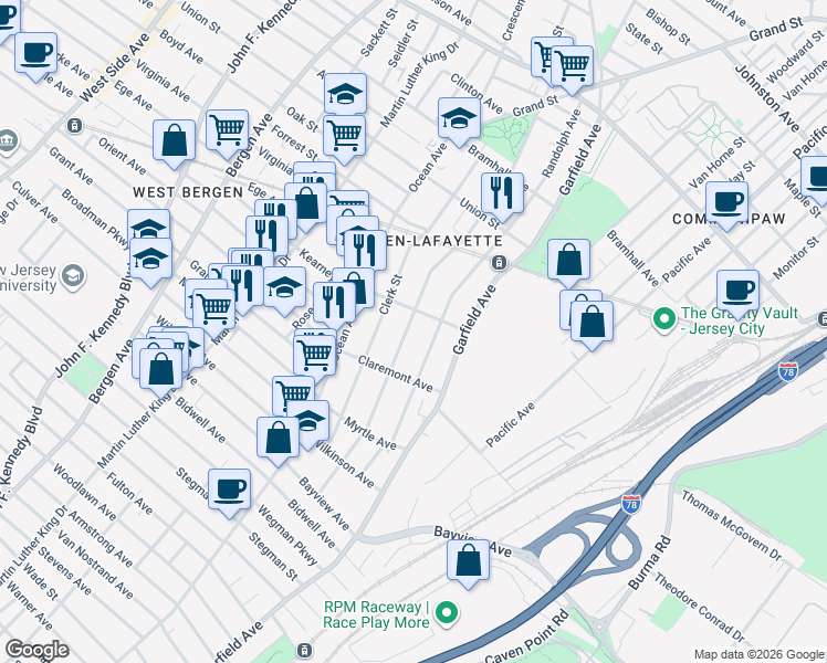 map of restaurants, bars, coffee shops, grocery stores, and more near 190 Arlington Avenue in Jersey City