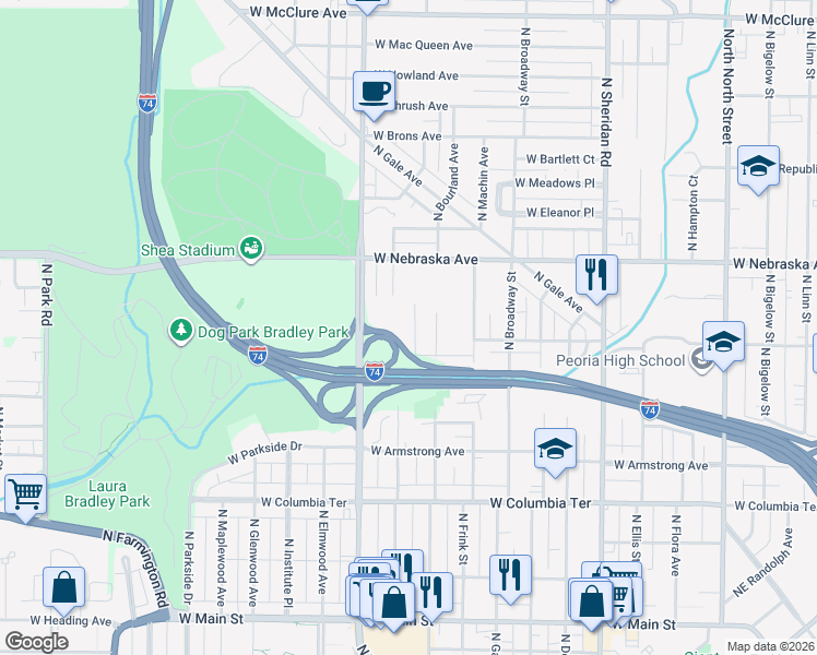 map of restaurants, bars, coffee shops, grocery stores, and more near 1709 North Valley Avenue in Peoria
