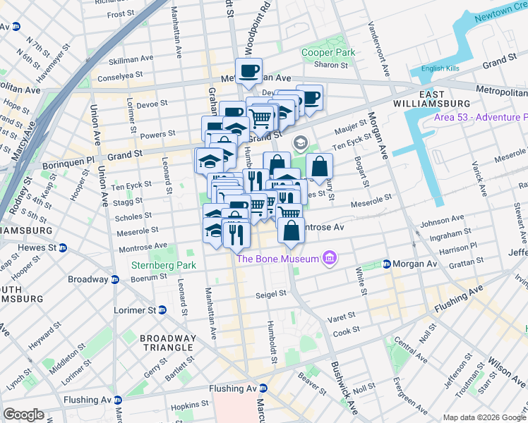 map of restaurants, bars, coffee shops, grocery stores, and more near 195 Meserole Street in Brooklyn