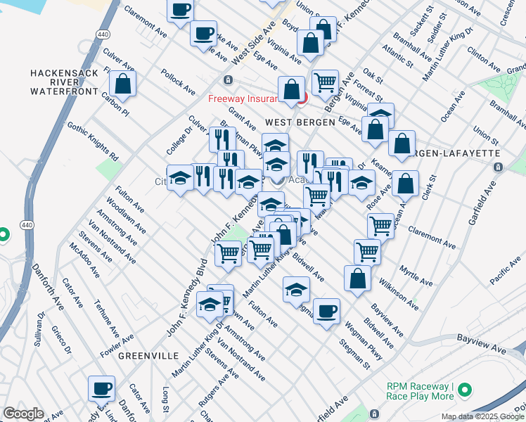 map of restaurants, bars, coffee shops, grocery stores, and more near 176 Bergen Avenue in Jersey City