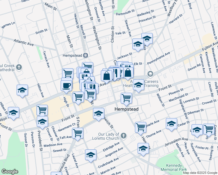 map of restaurants, bars, coffee shops, grocery stores, and more near 75 Washington Street in Hempstead