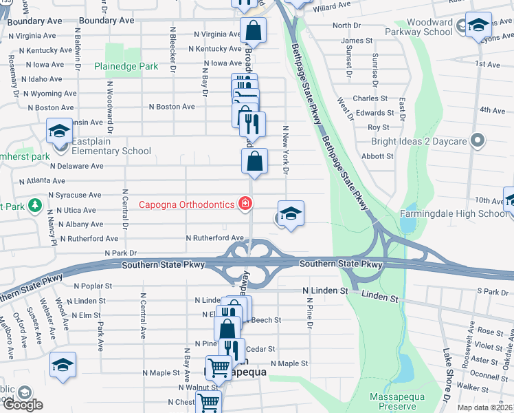 map of restaurants, bars, coffee shops, grocery stores, and more near 1024 North Broadway in Massapequa