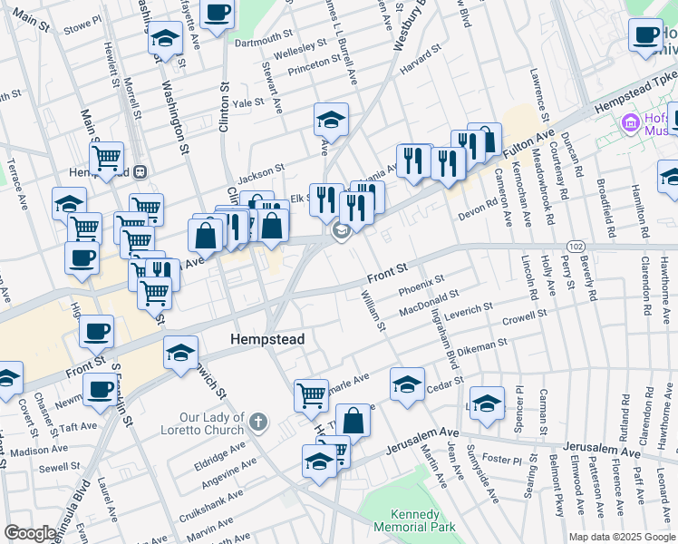 map of restaurants, bars, coffee shops, grocery stores, and more near 16 Attorney Street in Hempstead
