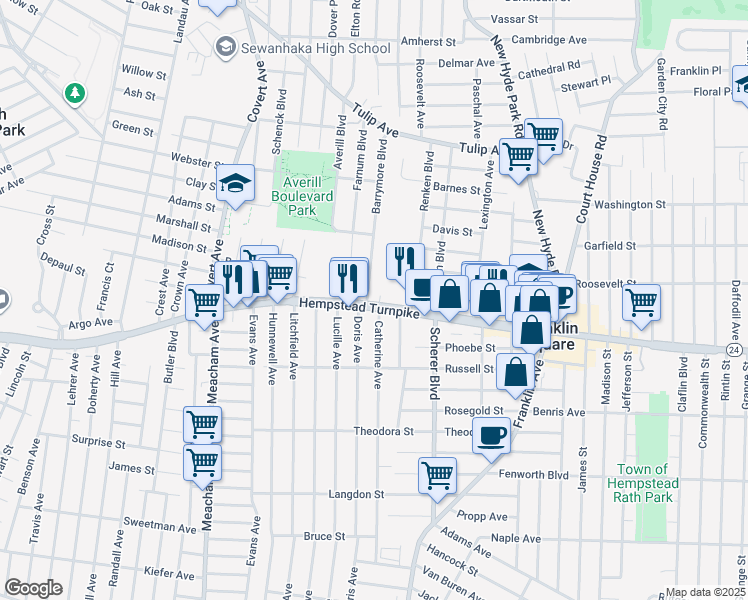 map of restaurants, bars, coffee shops, grocery stores, and more near 1150 Hempstead Turnpike in Franklin Square
