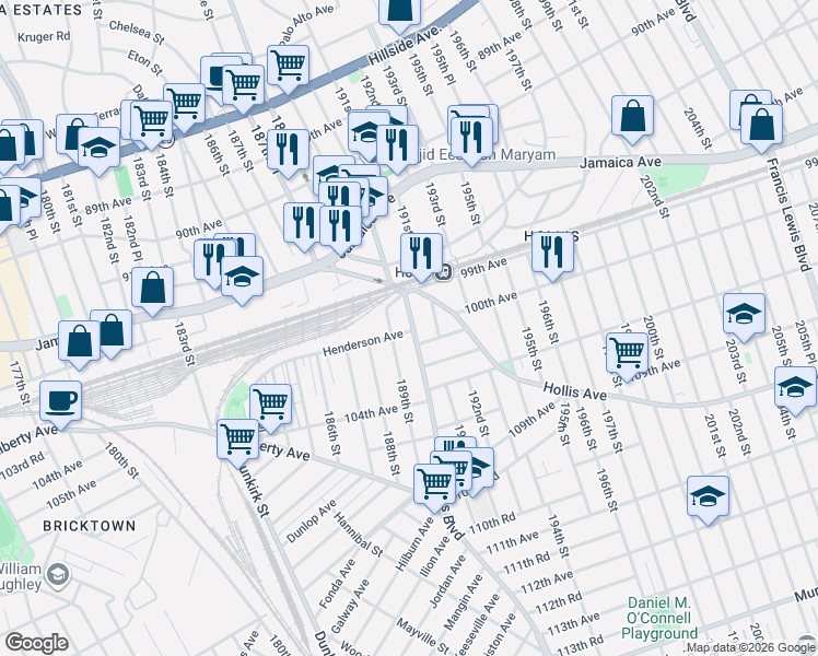 map of restaurants, bars, coffee shops, grocery stores, and more near 189-07 Henderson Avenue in Queens