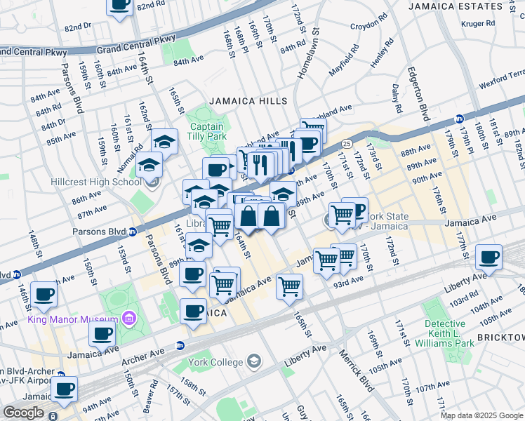 map of restaurants, bars, coffee shops, grocery stores, and more near 88-05 Merrick Boulevard in Queens