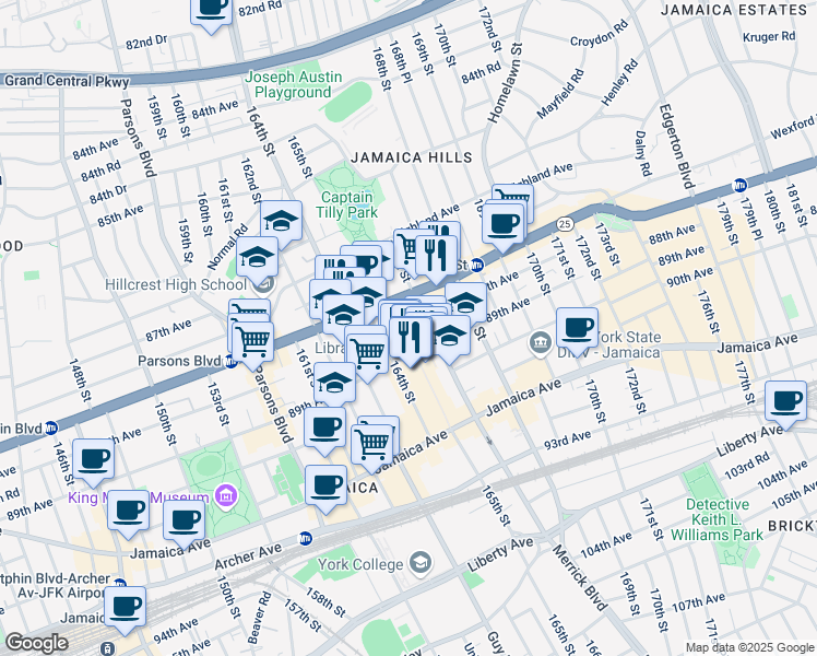 map of restaurants, bars, coffee shops, grocery stores, and more near 87-84 165th Street in Queens
