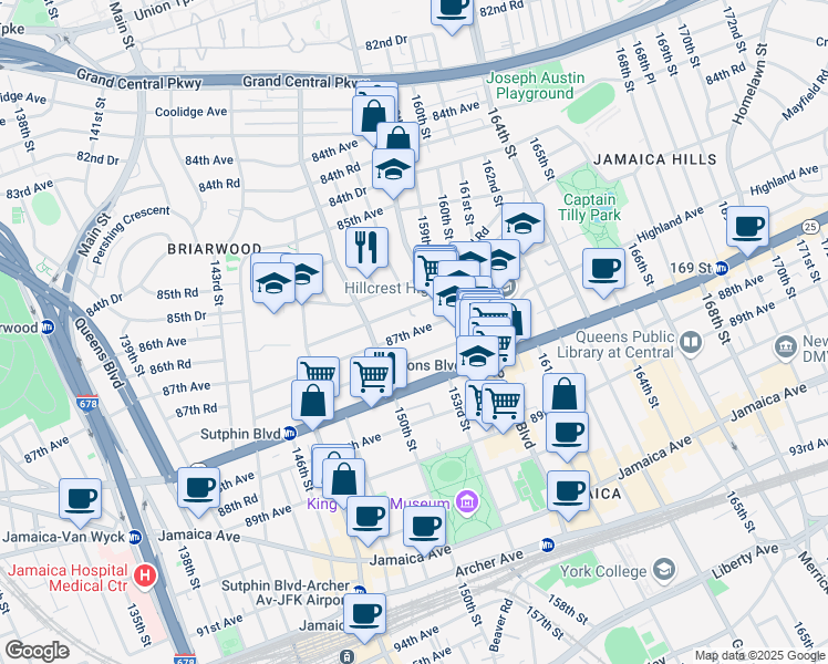 map of restaurants, bars, coffee shops, grocery stores, and more near 150-35 87th Avenue in Queens