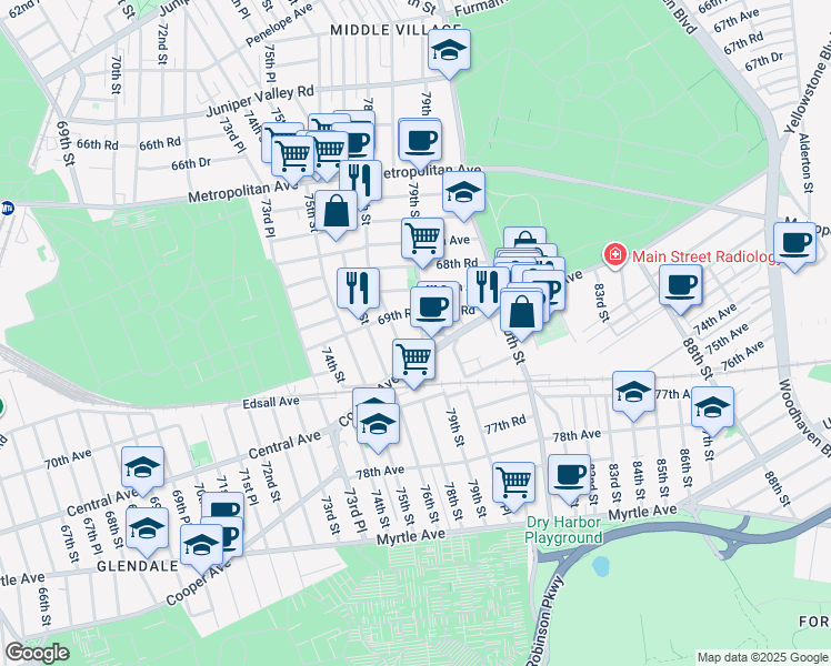 map of restaurants, bars, coffee shops, grocery stores, and more near 69-44 79th Street in Queens