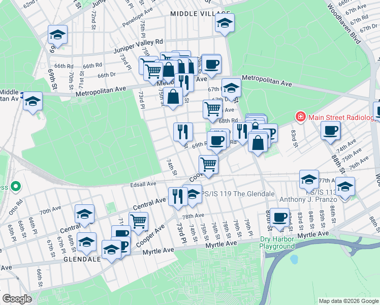 map of restaurants, bars, coffee shops, grocery stores, and more near 76-04 69th Road in Queens