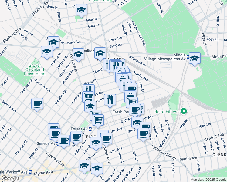 map of restaurants, bars, coffee shops, grocery stores, and more near 60-24 Gates Avenue in Queens