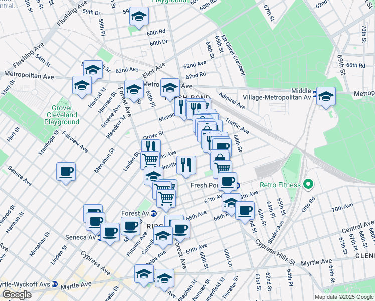 map of restaurants, bars, coffee shops, grocery stores, and more near 60-24 Gates Avenue in Queens