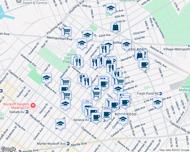 map of restaurants, bars, coffee shops, grocery stores, and more near 20-32 Menahan Street in Queens