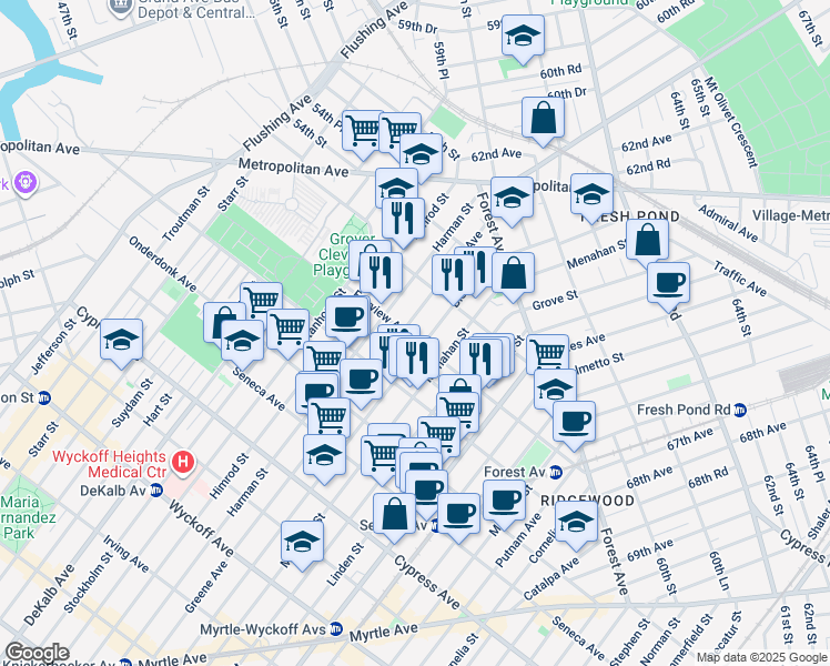 map of restaurants, bars, coffee shops, grocery stores, and more near 20-13 Bleecker Street in Queens