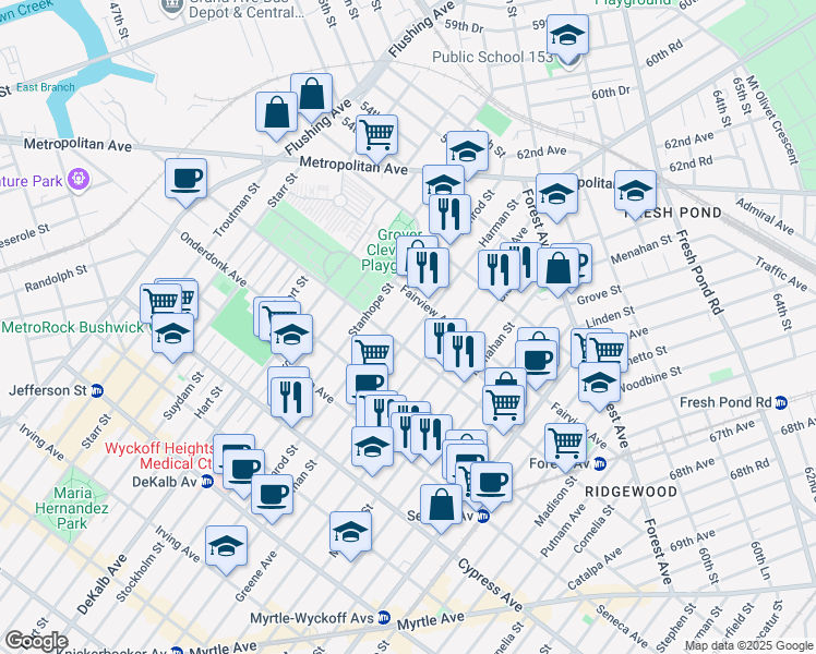 map of restaurants, bars, coffee shops, grocery stores, and more near 19-12 Himrod Street in Queens