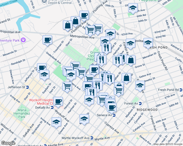 map of restaurants, bars, coffee shops, grocery stores, and more near 19-12 Himrod Street in Queens