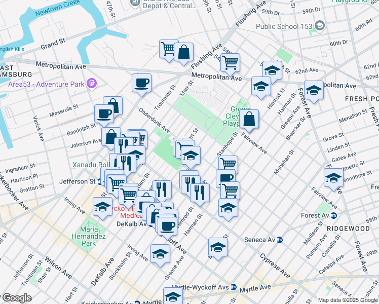 map of restaurants, bars, coffee shops, grocery stores, and more near 3-10 Onderdonk Avenue in Queens