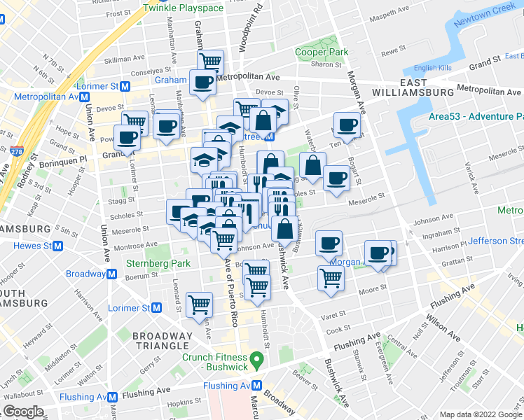 map of restaurants, bars, coffee shops, grocery stores, and more near 195 Meserole Street in Brooklyn