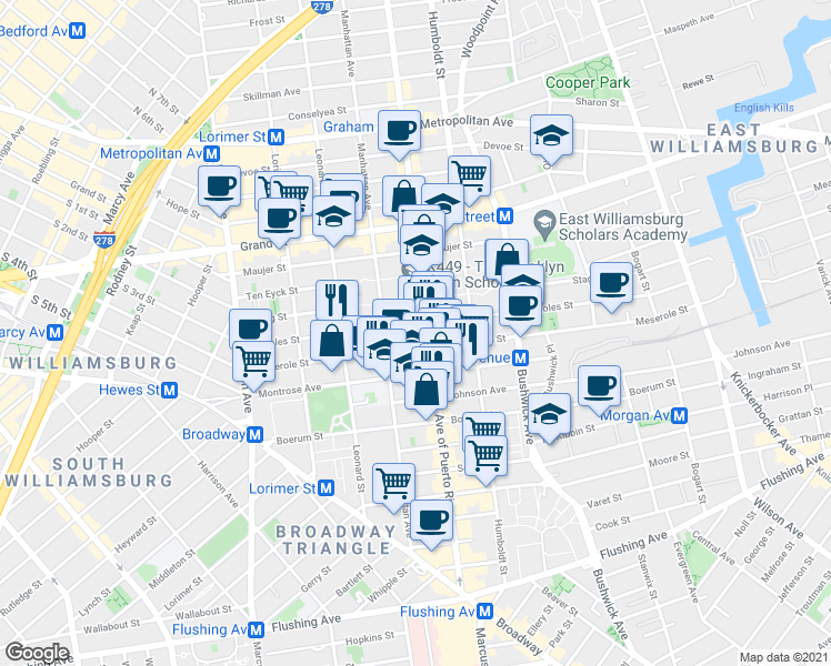 map of restaurants, bars, coffee shops, grocery stores, and more near 142 Scholes Street in Brooklyn
