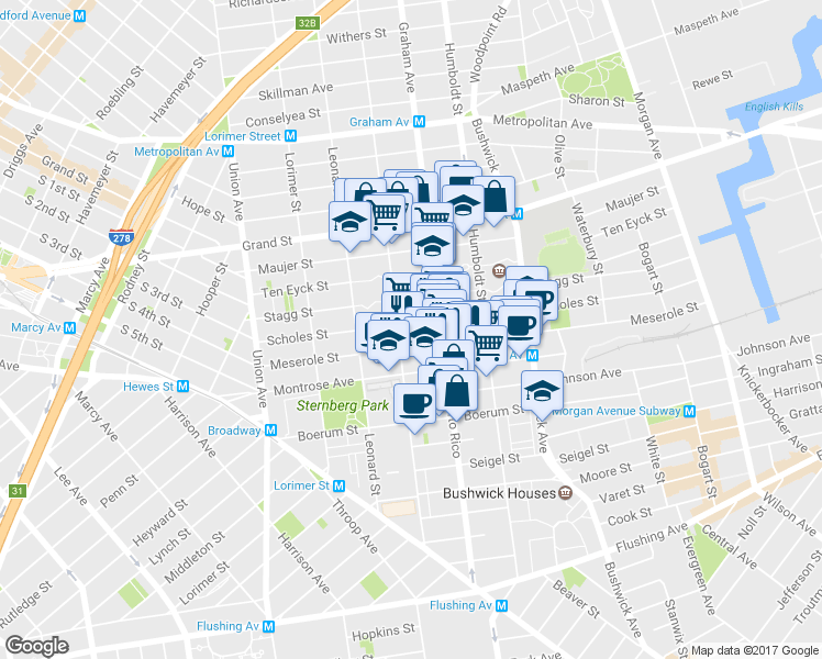 map of restaurants, bars, coffee shops, grocery stores, and more near 142 Scholes Street in Brooklyn