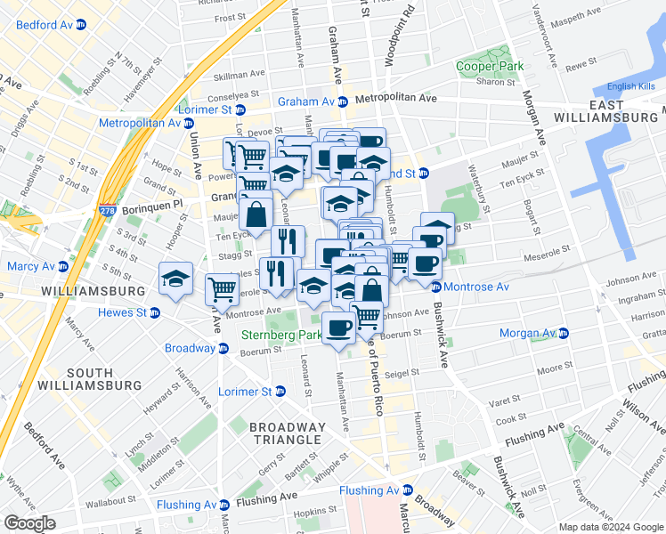 map of restaurants, bars, coffee shops, grocery stores, and more near 128 Meserole Street in Brooklyn