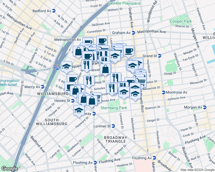 map of restaurants, bars, coffee shops, grocery stores, and more near in Brooklyn