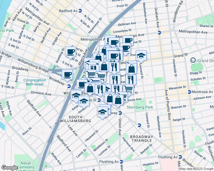 map of restaurants, bars, coffee shops, grocery stores, and more near 383 Hewes Street in Brooklyn
