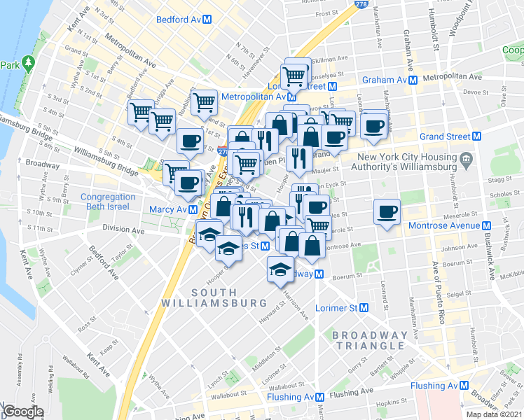 map of restaurants, bars, coffee shops, grocery stores, and more near 350 Hooper Street in Brooklyn