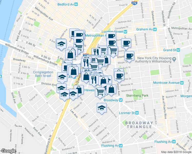 map of restaurants, bars, coffee shops, grocery stores, and more near 338 South 4th Street in Brooklyn