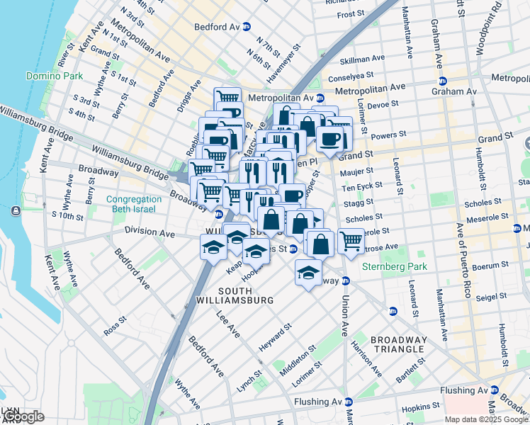 map of restaurants, bars, coffee shops, grocery stores, and more near 338 South 4th Street in Brooklyn