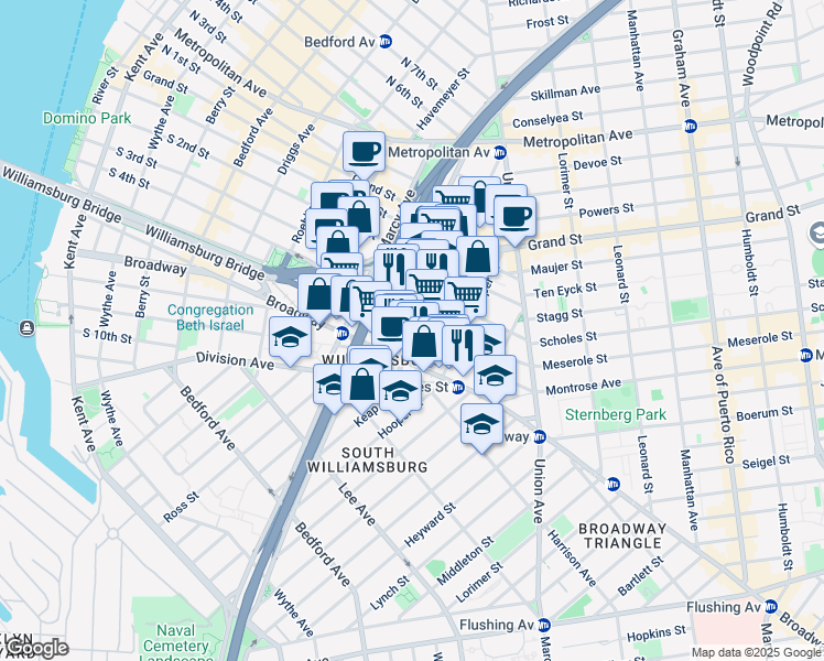 map of restaurants, bars, coffee shops, grocery stores, and more near 338 South 4th Street in Brooklyn