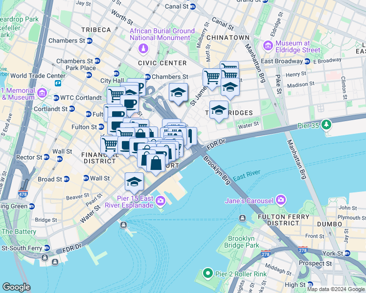 map of restaurants, bars, coffee shops, grocery stores, and more near 273 Water Street in Brooklyn