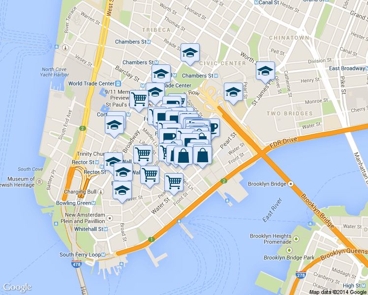 map of restaurants, bars, coffee shops, grocery stores, and more near 25 Cliff Street in New York