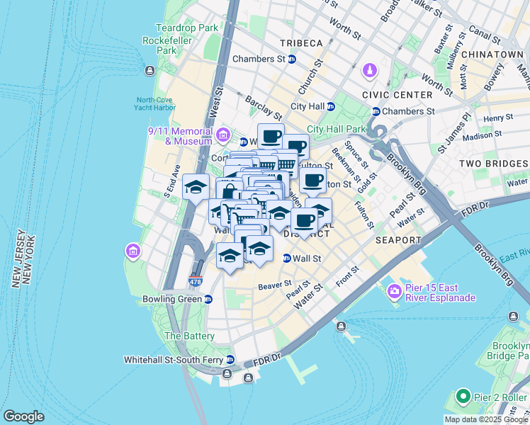 map of restaurants, bars, coffee shops, grocery stores, and more near 75 Broadway in New York