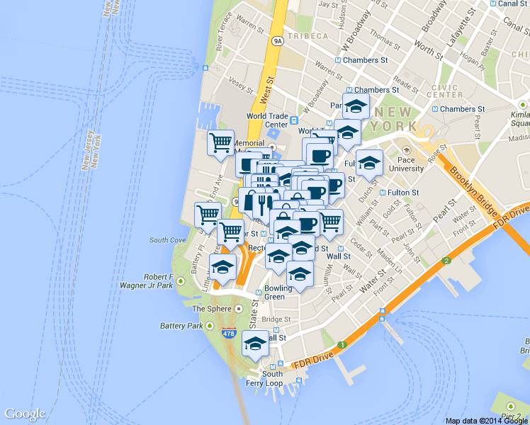 map of restaurants, bars, coffee shops, grocery stores, and more near 8 Albany Street in New York