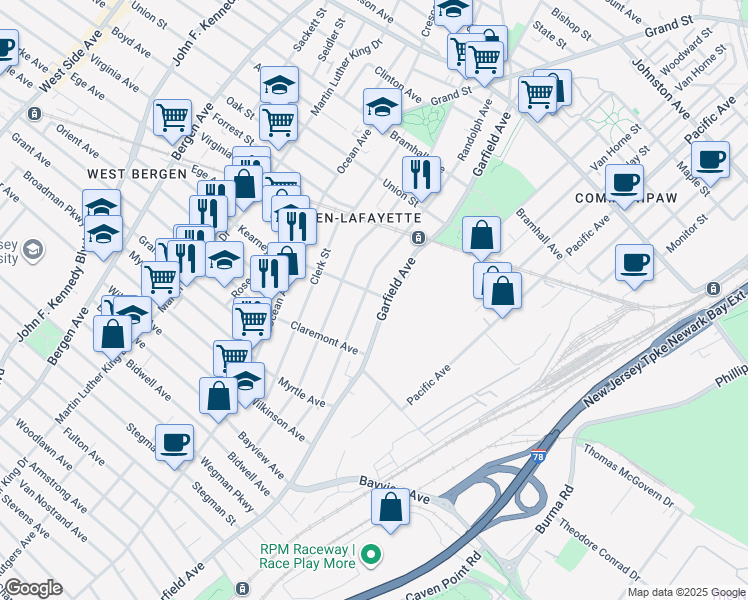 map of restaurants, bars, coffee shops, grocery stores, and more near 121 Carteret Avenue in Jersey City