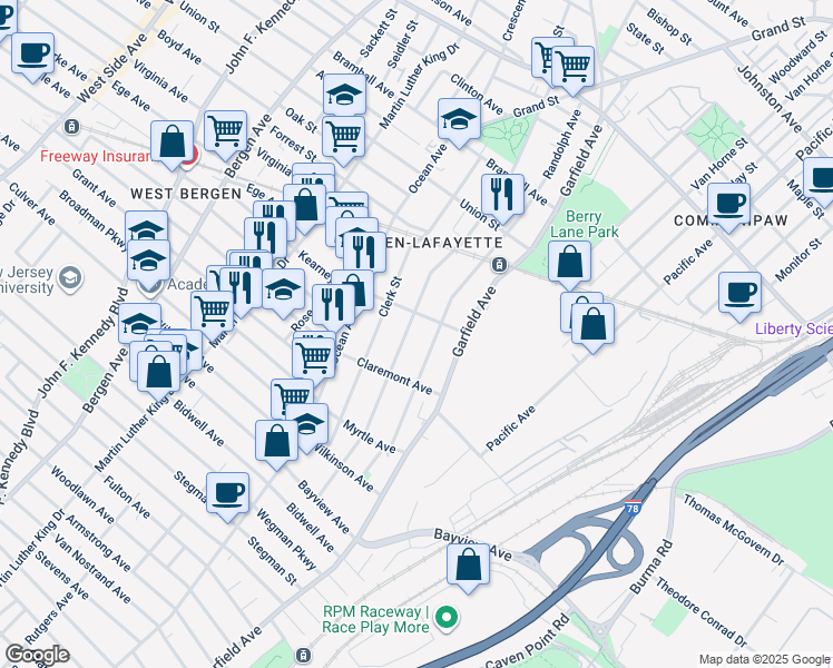 map of restaurants, bars, coffee shops, grocery stores, and more near 190 Arlington Avenue in Jersey City