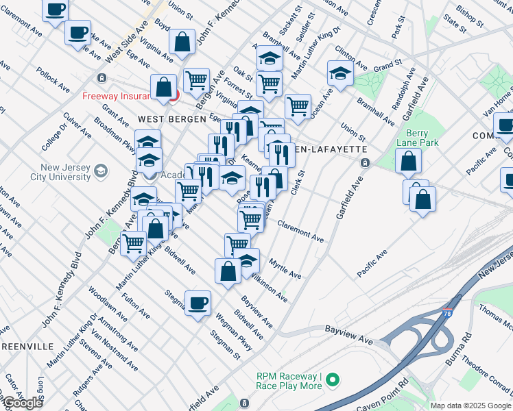 map of restaurants, bars, coffee shops, grocery stores, and more near 645 Ocean Avenue in Jersey City