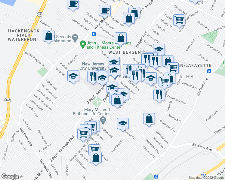 map of restaurants, bars, coffee shops, grocery stores, and more near 176 Bergen Avenue in Jersey City