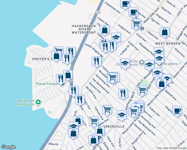 map of restaurants, bars, coffee shops, grocery stores, and more near 397 Armstrong Avenue in Jersey City
