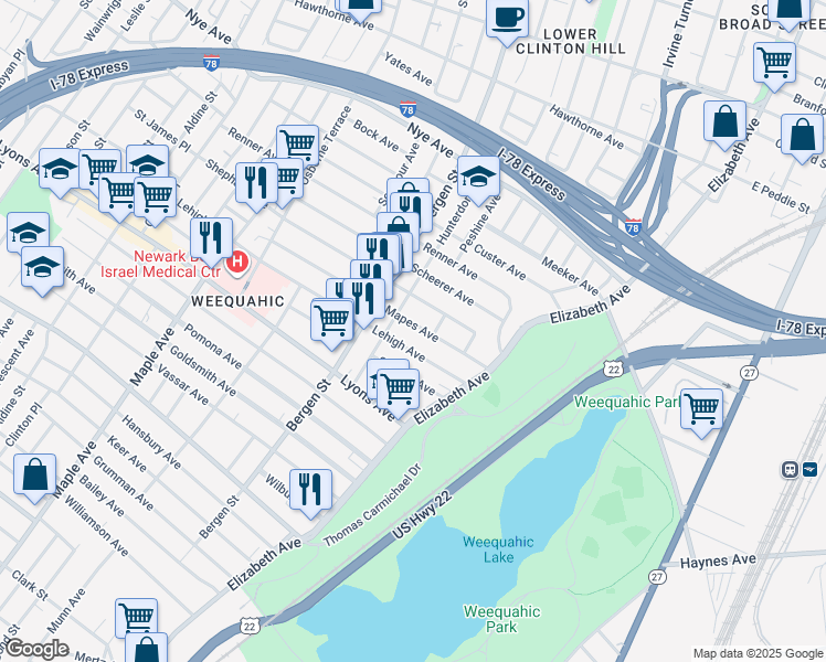 map of restaurants, bars, coffee shops, grocery stores, and more near 15 Mapes Place in Newark