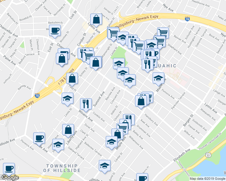 map of restaurants, bars, coffee shops, grocery stores, and more near 20 Bayview Avenue in Newark