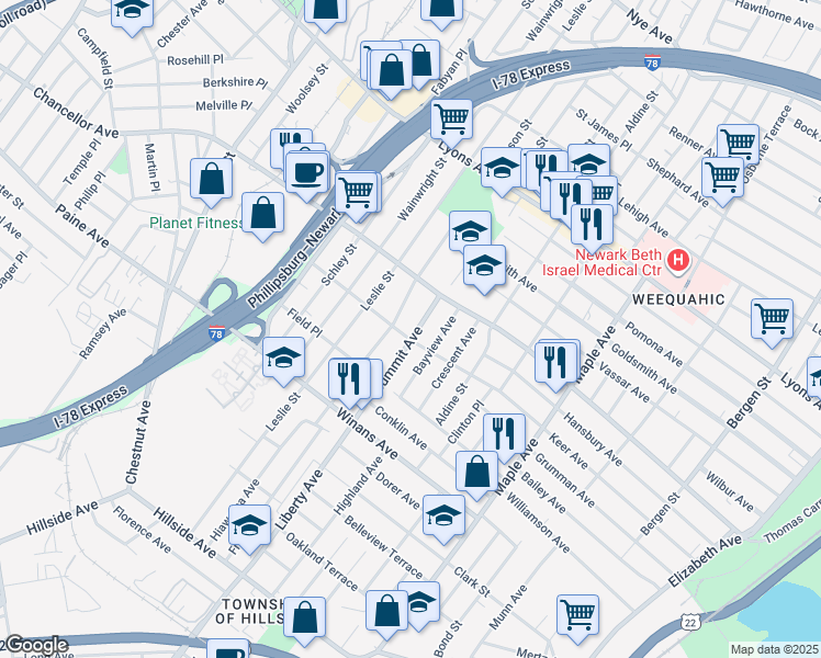 map of restaurants, bars, coffee shops, grocery stores, and more near 81 Summit Avenue in Newark