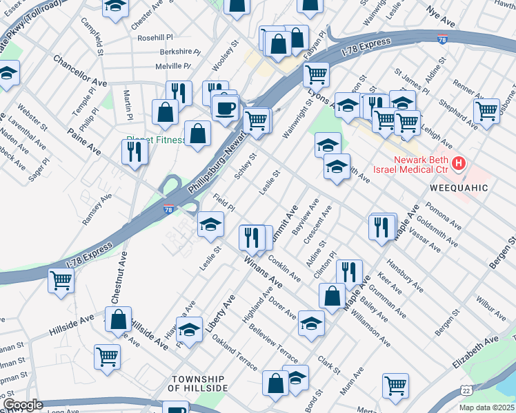 map of restaurants, bars, coffee shops, grocery stores, and more near 312-314 Keer Avenue in Newark