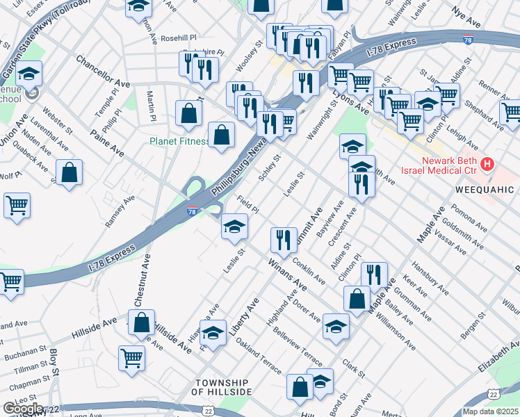 map of restaurants, bars, coffee shops, grocery stores, and more near 477 Leslie Street in Newark